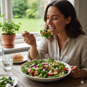 Phụ nữ ăn salad nhiều rau xanh trong chế độ ăn kiêng