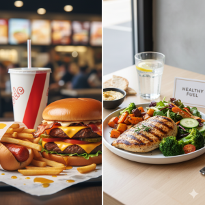So sánh ăn kiêng lành mạnh và đồ ăn nhanh nhiều dầu mỡ