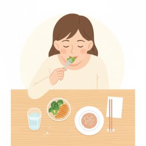 Lời khuyên khi bị đầy bụng, khó tiêu: ăn chậm, nhai kỹ, uống đủ nước, chia nhỏ bữa ăn, kết hợp rau xanh