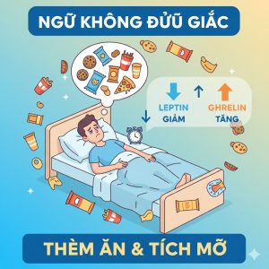 Giấc ngủ kém làm giảm leptin báo no và tăng ghrelin báo đói, khiến cơ thể dễ ăn vặt và tích mỡ.