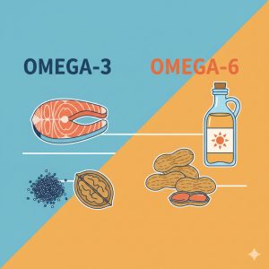 Mô tả sự khác nhau giữa omega-3 và omega-6 trong chế độ ăn bánh ăn kiêng, infographic chất béo tốt