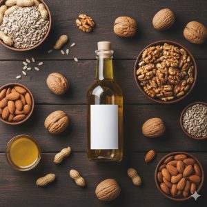 Nguồn omega-6 như dầu hướng dương, hạt điều, đậu phộng trong chế độ ăn kiêng và bánh ăn kiêng