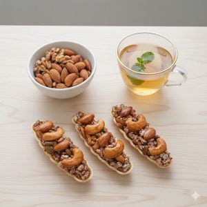 Hình ảnh các loại hạt như hạnh nhân, óc chó, hạt điều đặt trong bát nhỏ, bên cạnh là bánh healthy và ly trà, không gian gọn gàng, cảm giác snack nhẹ nhàng giữa buổi