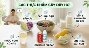 các thực phẩm dễ gây đầy hơi như đậu bắp cải sữa và nước có gas