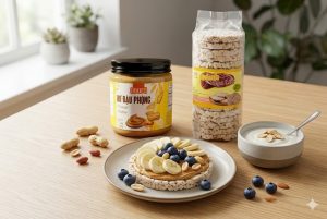bánh gạo lứt ăn với bơ đậu phộng trong chế độ ăn healthy