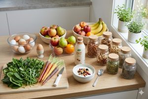 các thực phẩm healthy như trứng rau trái cây và hạt trong tủ lạnh
