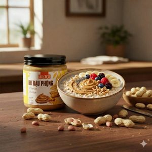 yến mạch kết hợp bơ đậu phộng và trái cây tươi
