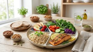 Đĩa ăn cân bằng với rau củ, protein và ngũ cốc
