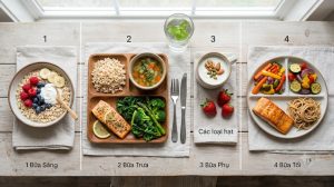 Thực đơn cân bằng theo tháp dinh dưỡng cho bữa sáng bữa trưa và bữa phụ