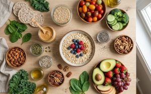 Thực phẩm Eat Clean gồm rau xanh, trái cây và ngũ cốc nguyên hạt