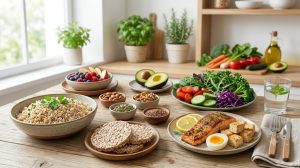 Thực phẩm healthy cho chế độ ăn cân bằng gồm gạo lứt yến mạch hạt và rau củ